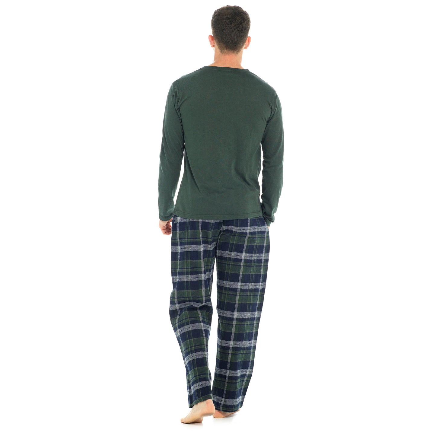 Mens Cotton Pyjamas Set Long Sleeved Green Top and Green/Navy Checked Long Pants Loungewear