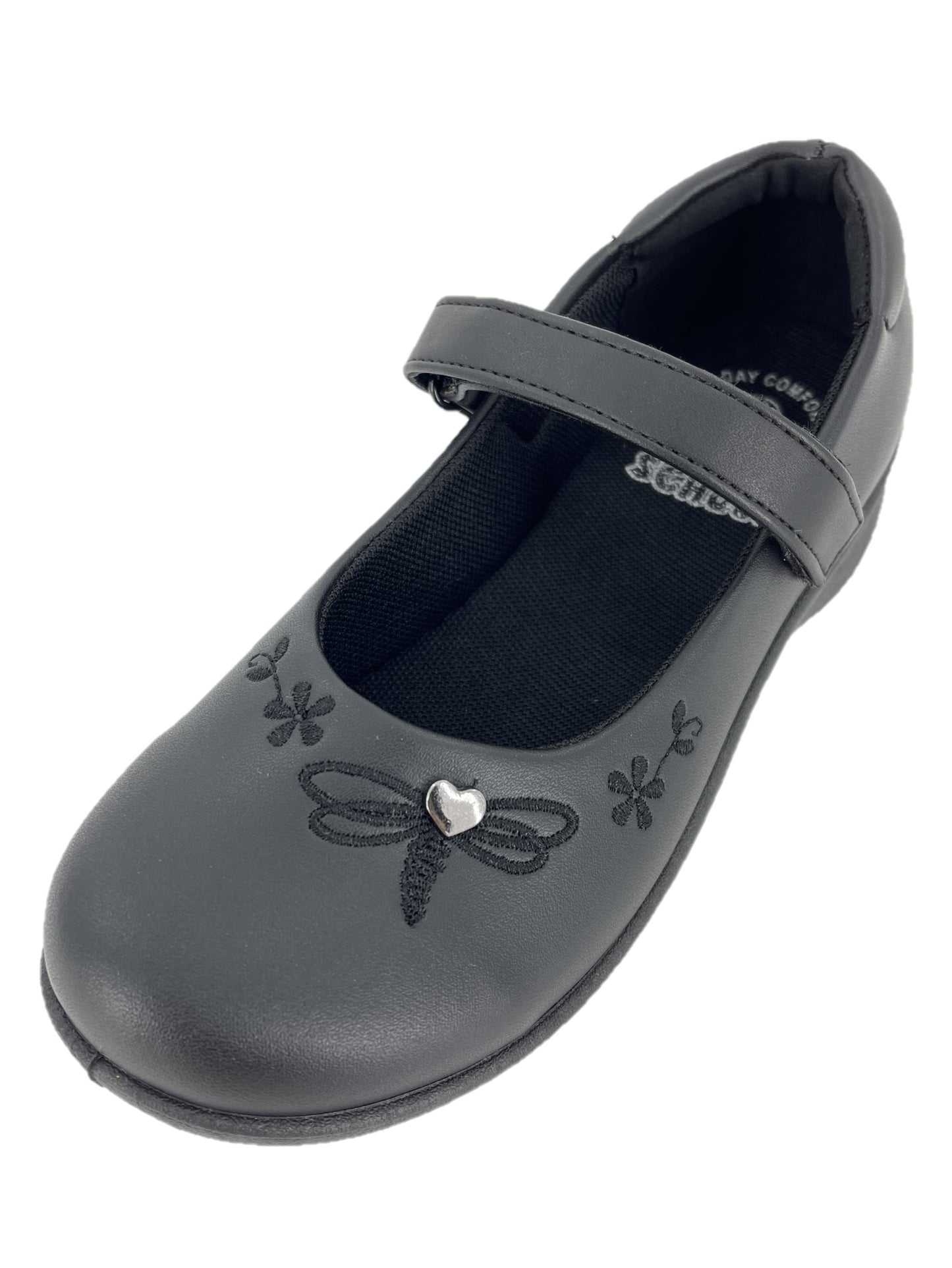 Girls Easy Fastening School Uniform Mary Jane Flat Black Shoes with Embroidery