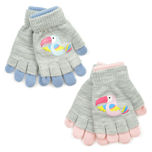 Girls 2 Pack 2-in-1 Thermal Magic Gloves Toucan Fingerless Full Pink Blue