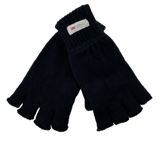 Men's Fingerless Gloves Black Knitted Thermal 3M Thinsulate-Lined