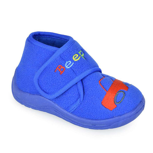 Toddler Boys Blue "Beep" Car Design Fleece Easy Close Bootie Slippers