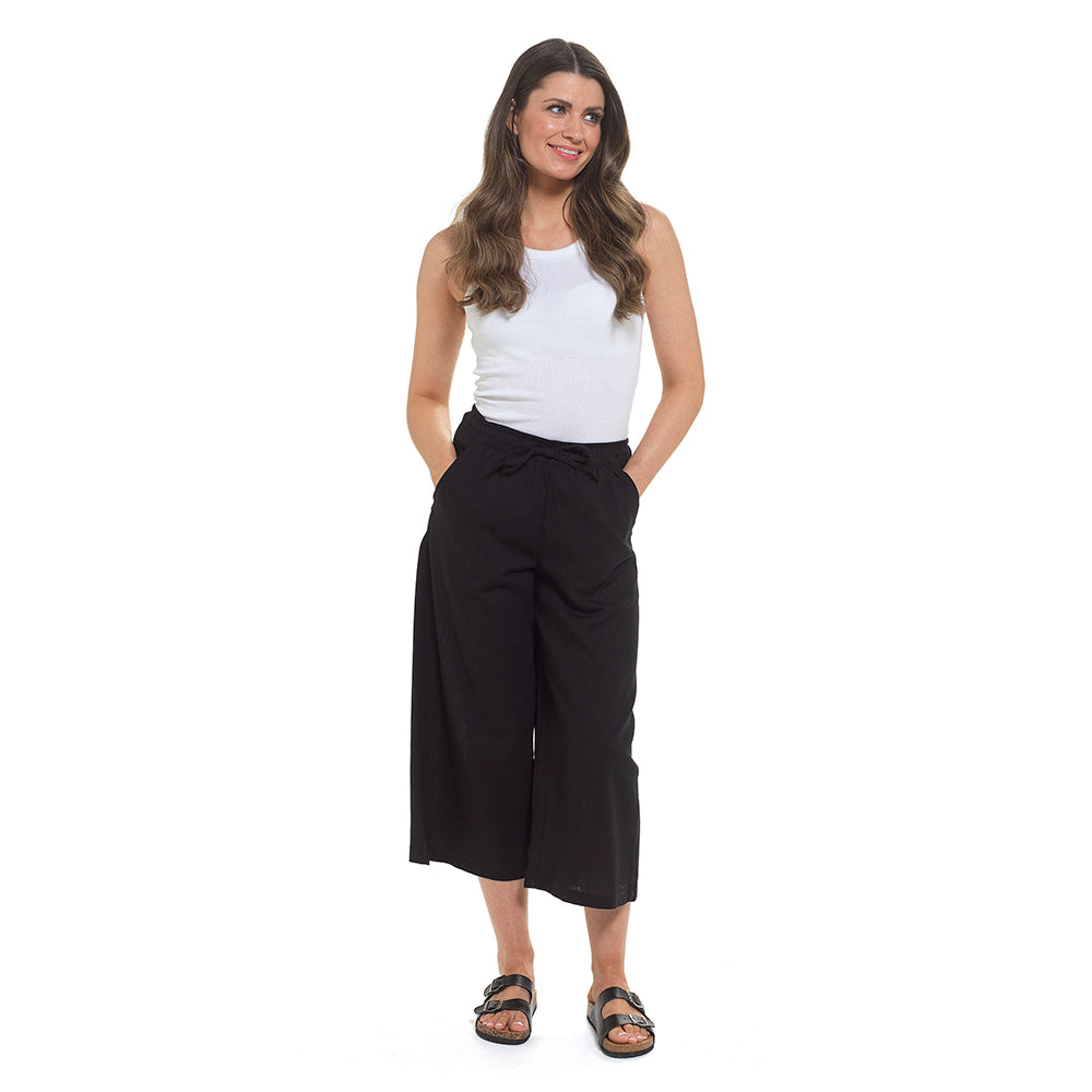 Ladies Linen Blend Culottes Wide Leg Cropped Trousers Black Rust UK 8-20 Summer