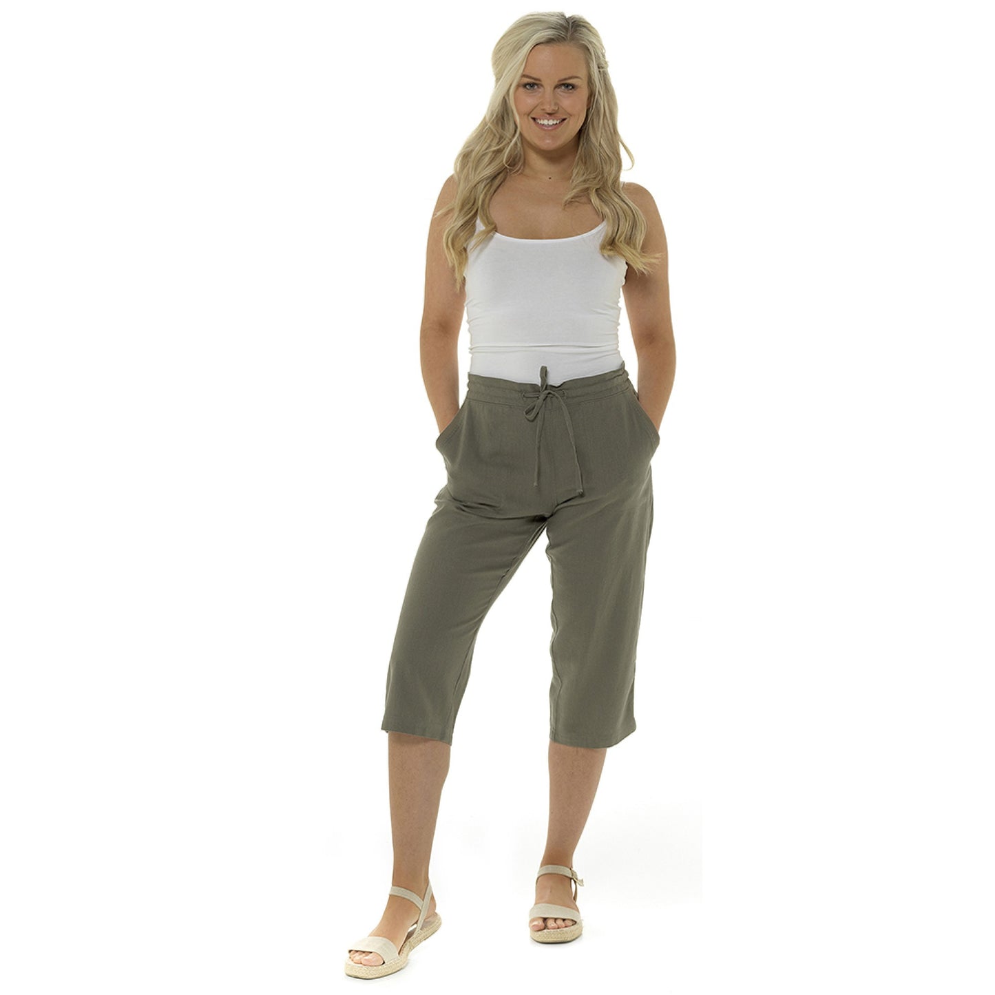 Ladies Linen Blend Cropped Trousers 3/4 Length Casual Summer Pants with Ribbed Waistband and Pockets