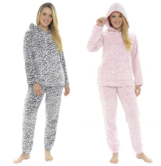 Ladies Leopard Print Fleece Hooded Twosie Pyjama Set In Grey Or Pink