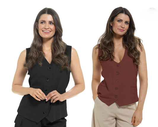 Womens Linen Blend Waistcoat Sleeveless Button Vest Tie Back UK 10–20 Rust Black