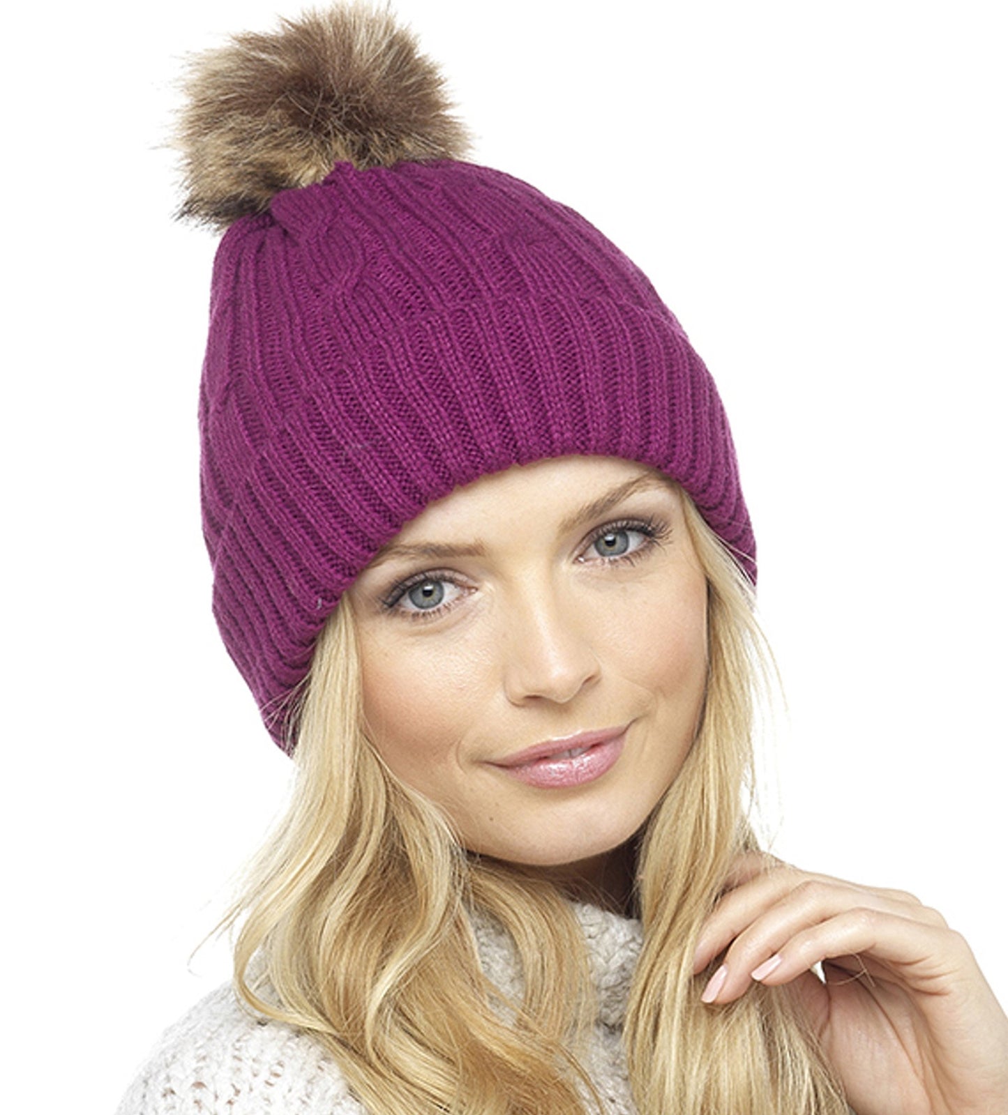 Ladies Purple Chunky Knit Hat with Faux Fur Bobble