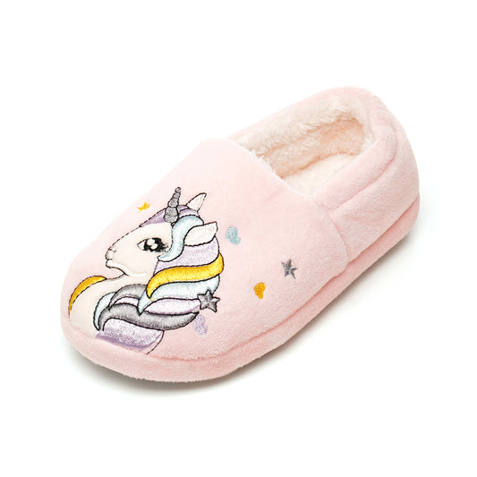 Girls Unicorn Slippers Plush Faux Fur Lined Cosy Non Slip Gift Kids Pink