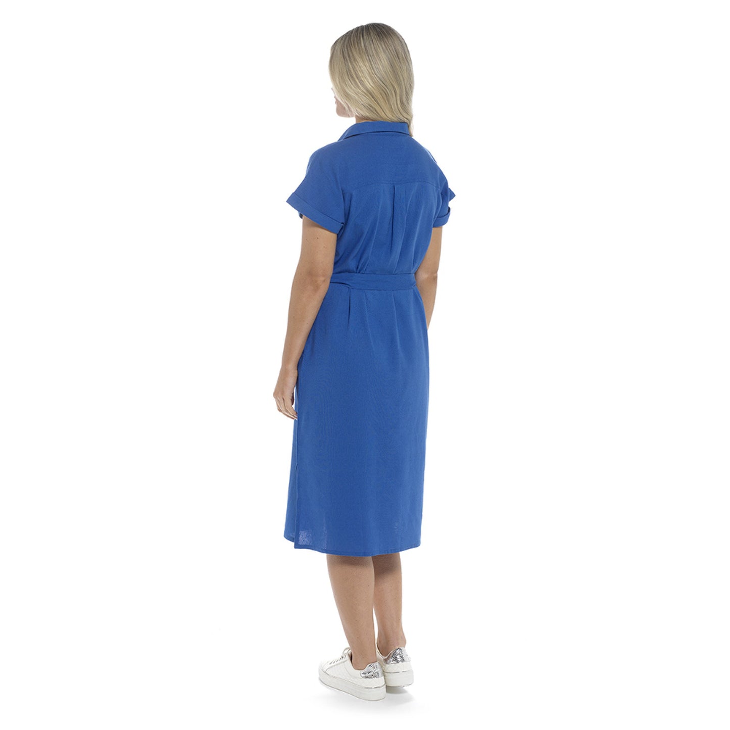 Ladies Linen Midi Dress Women's Button-Through Short-Sleeved Casual Summer Frock