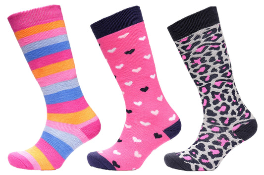 3 Pairs Ladies Wellington Boot Welly Socks - Hearts, Stripes and Leopard