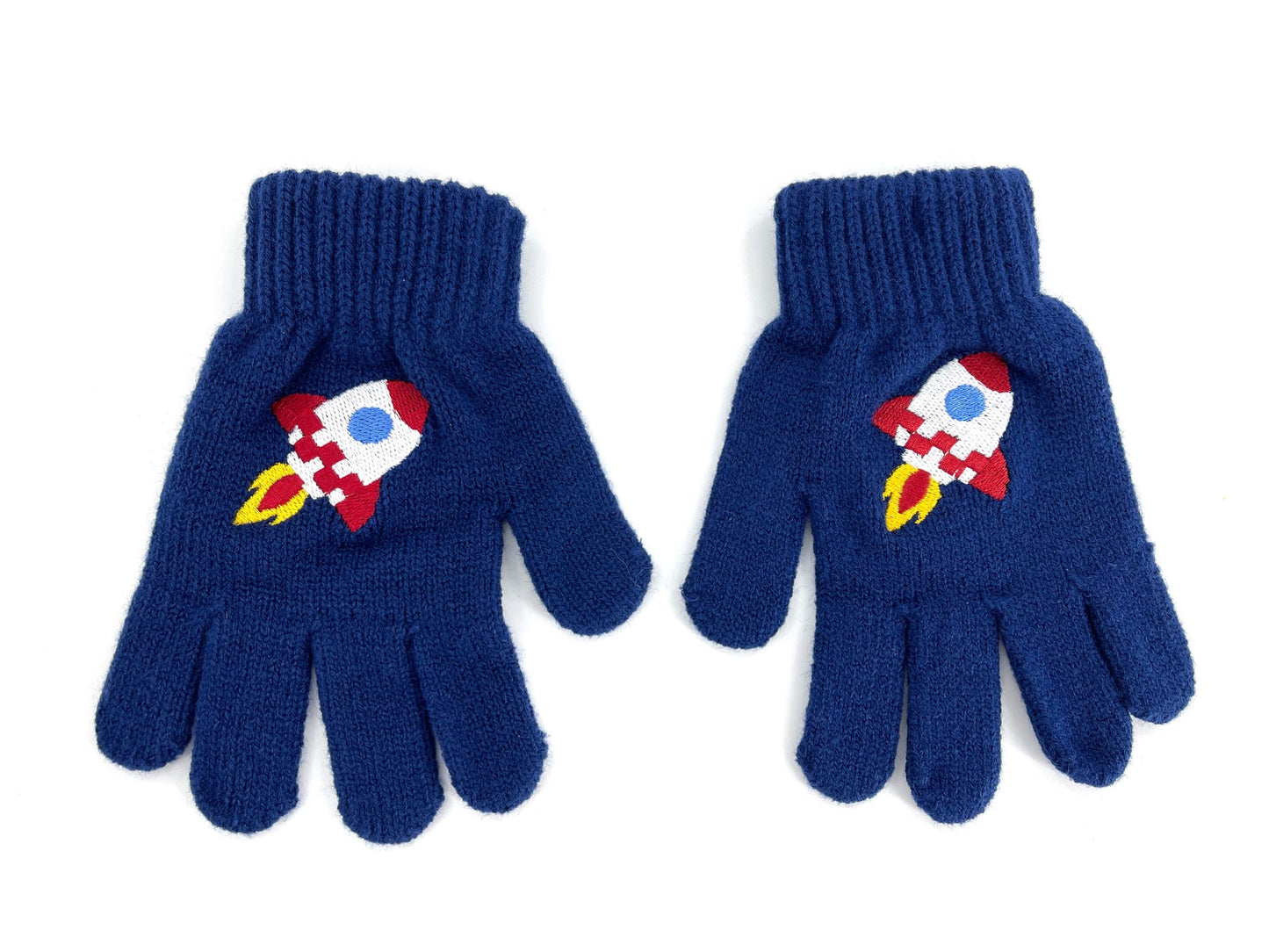 Boys Hat & Gloves Set Rocket Design Blue Knitted Fleece-Lined Hat Thermal Gloves