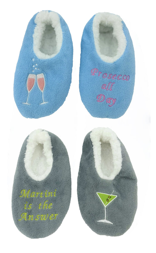 Ladies Slipper Sock with Motif - Blue Prosecco or Grey Martini 2 Sizes Available.