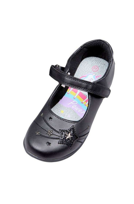 Girls Black School Shoes UK Size 8 – Mary Jane Style with Star & Unicorn Detail – Cushioned Glitter Insole, Non-Slip Sole