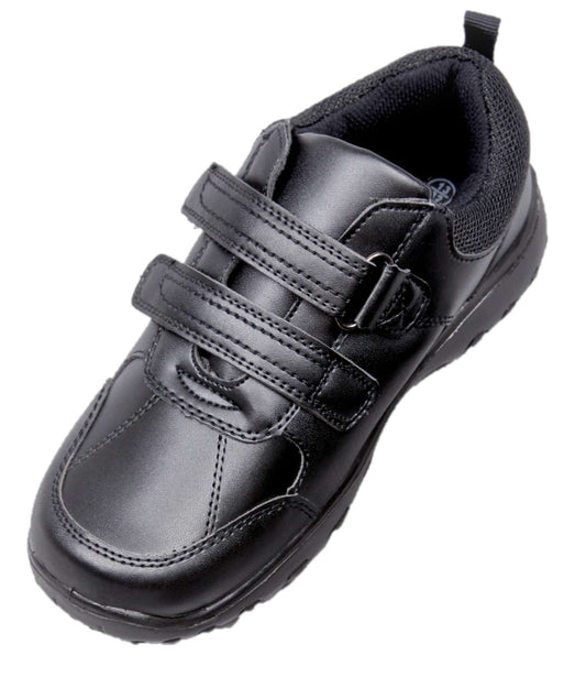 Boys Black School Shoes – Double Touch-and-Close Straps, Cushioned Insole, Non-Slip Flexible Sole – Synthetic Uppers & Soles – UK Child Sizes 10, 11, 2