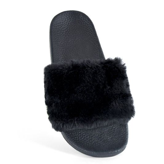 Ladies Black Faux Fur Pool Sliders Beach Sandals