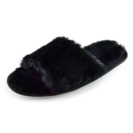 Ladies Faux Fur Mule Slippers – Soft & Fluffy Slip-On House Shoes – Padded Footbed & Cushioned Toe Strap – Non-Slip Sole – Warm & Cosy Indoor Slippers – Black or Pink – UK Sizes 3-4, 5-6, 7-8