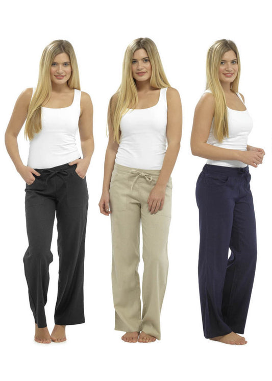 Ladies Classic Linen Trousers with Elasticated Waist and Pockets Casual Summer