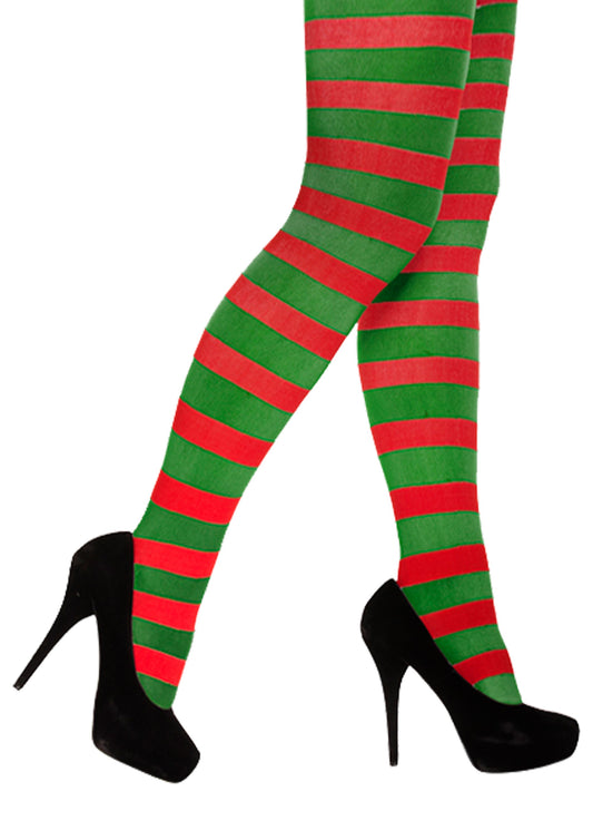 Ladies Elf Tights Fancy Dress Green/Red Striped Fancy Dress - 1 or 3 Pack