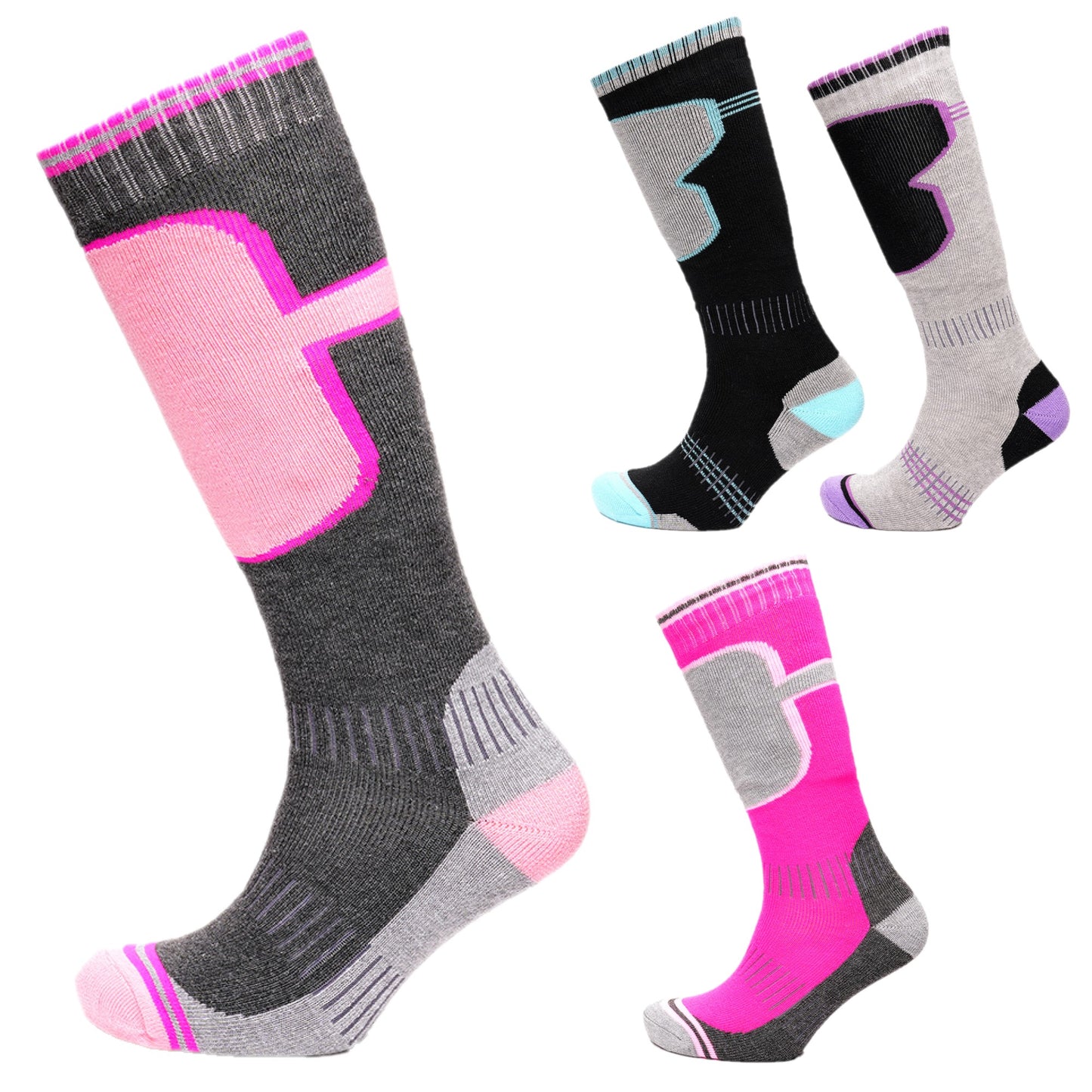 Ladies Ski Socks 4 Pairs Women's Knee Length Thermal Outdoor Snowboarding Stockings - UK 4-8