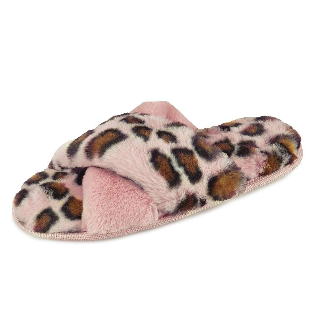 Ladies Leopard Print Faux Fur Crossover Slider Slipper