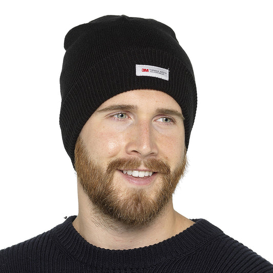 Black Thinsulate Hat Waterproof Windproof Knitted Thermal Beanie Hat Turn Up