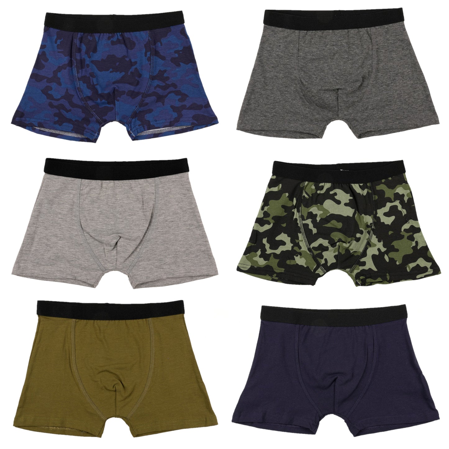 Boys 6 Pack Camo & Plain Boxer Trunks - Cotton Stretch Underwear Ages 7–13