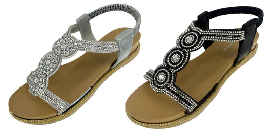 Dunlop Ladies Jewelled Summer Sandals – Black or Silver – Comfortable Flats with Cushioned Footbed and Elastic Back Strap