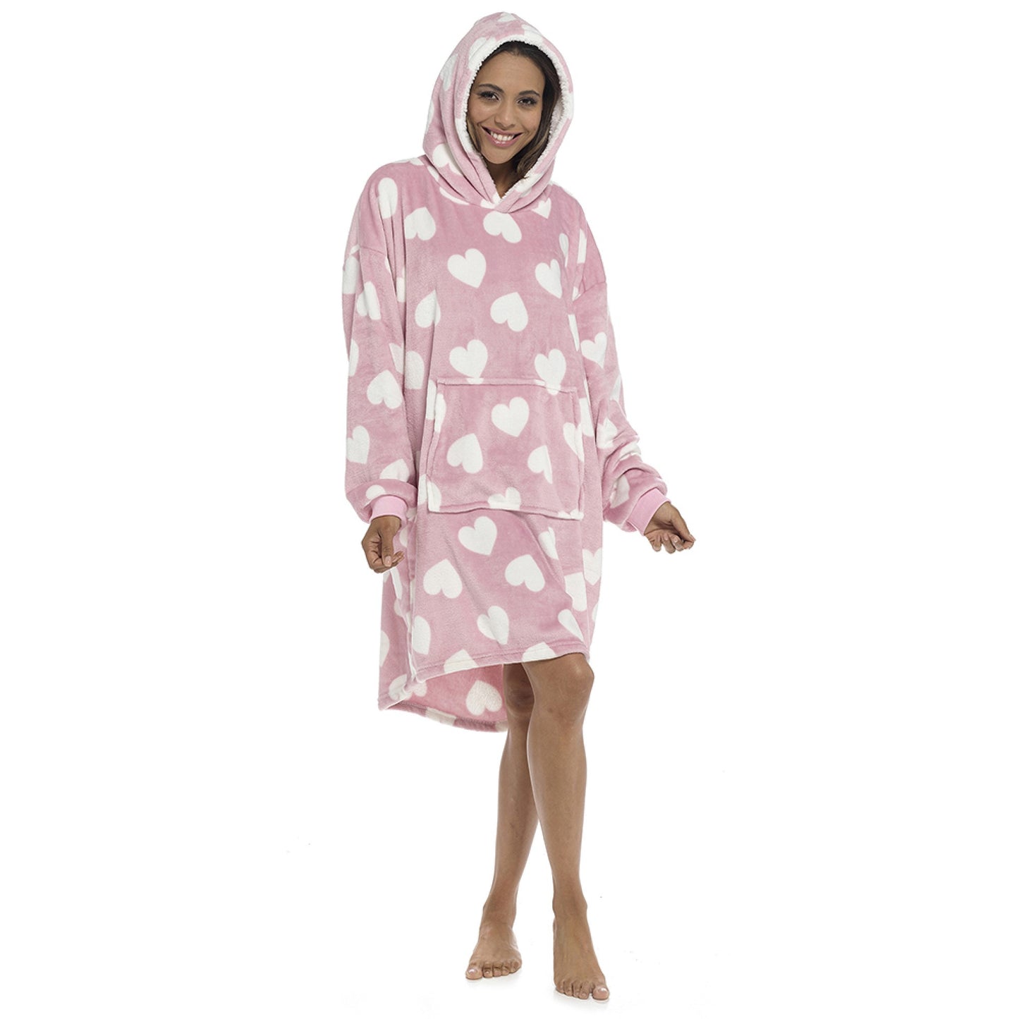 Ladies Oversized Fleece Hoodie One Size Women’s Extra Long Heart Print Soft Snuggly Fleece Wearable Blanket Robe – Charcoal or Pink