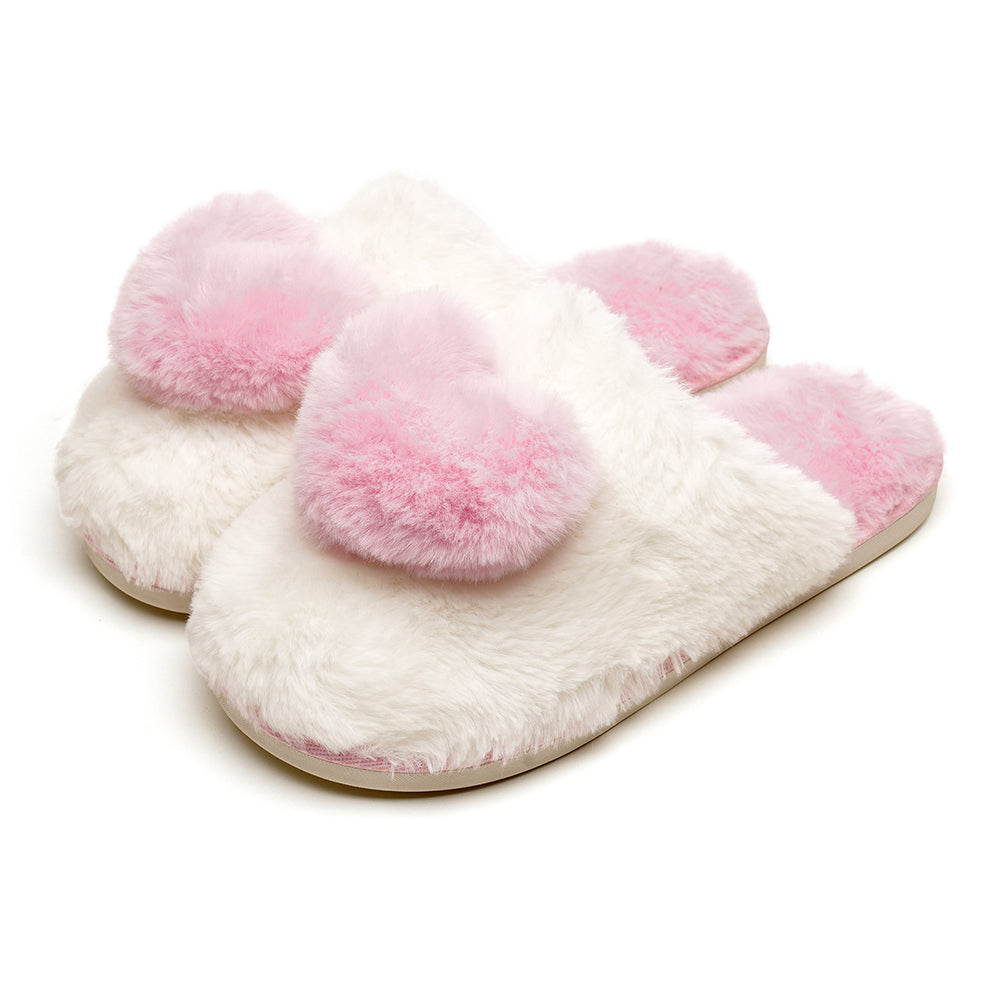 Women’s Faux Fur Heart Mule Slippers Fleece Lined Non Slip Sole Cosy Gift
