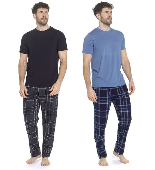 Mens Pyjama Set Jersey Top Fleece Check Pants Drawstring Waist M–XXL