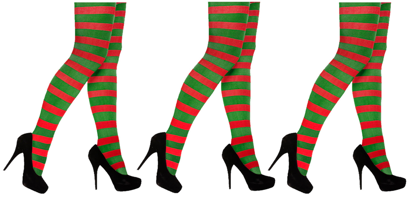 Ladies Elf Tights Fancy Dress Green/Red Striped Fancy Dress - 1 or 3 Pack