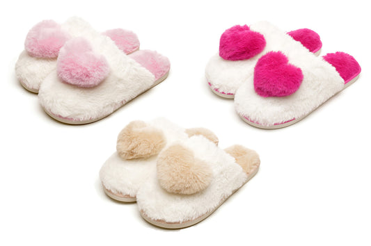 Women’s Faux Fur Heart Mule Slippers Fleece Lined Non Slip Sole Cosy Gift