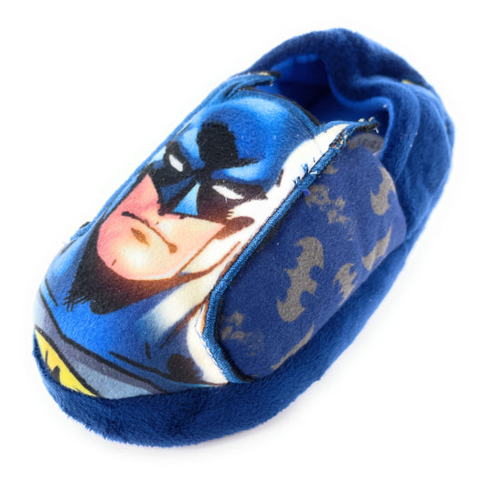 Batman Boys Slippers - Blue Plush Uppers - Elasticated Back - Non-Slip Soles