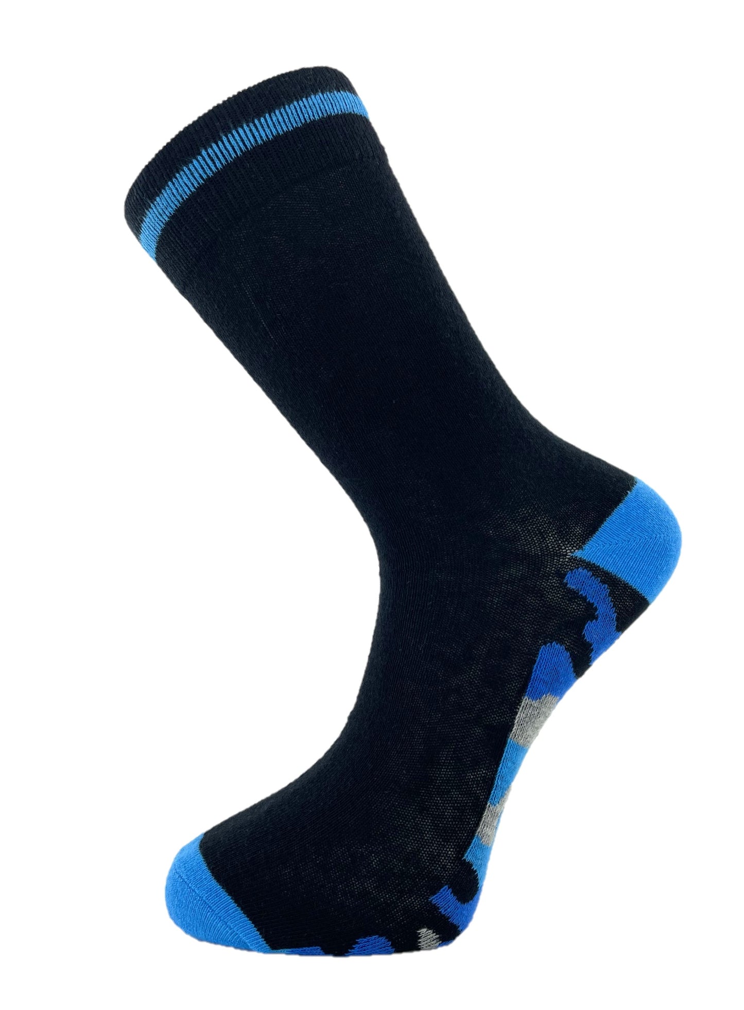 5 Pairs Mens Cotton Rich Black Socks with Multicoloured Camo Soles