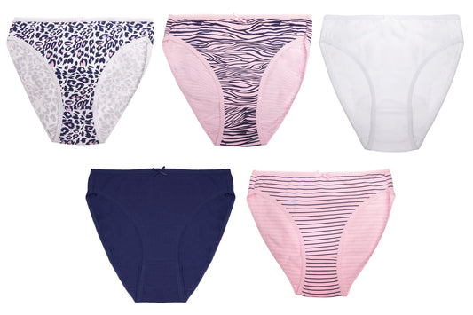 5 Pack Ladies Patterned/Plain High Leg Stretch Cotton Knickers Briefs Panties