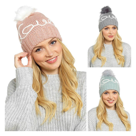Ladies’ Knitted Bobble Hat – Faux Fur Pom-Pom & “Love” Appliqué – Pink or Grey