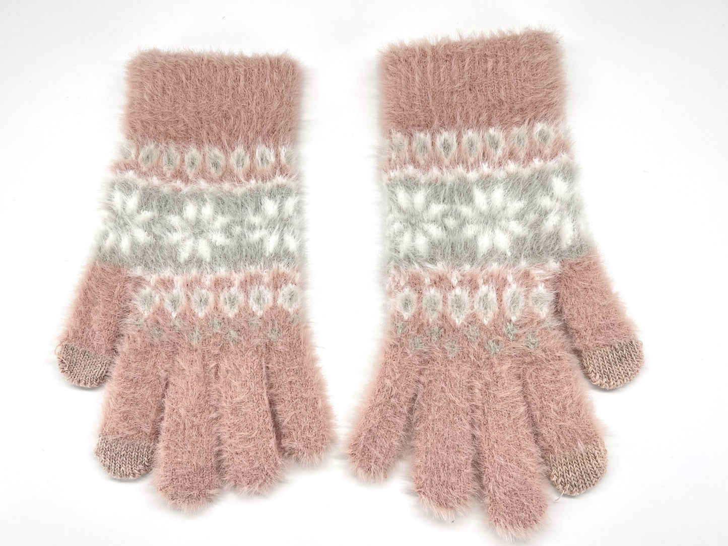Ladies Touchscreen Gloves Soft Fluffy Fair Isle Pattern Knitted Winter Gloves
