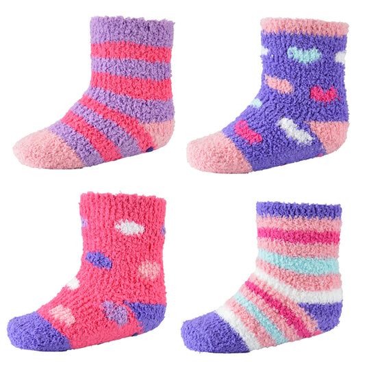 4 Pairs Baby Girls' Supersoft Fluffy Patterned Socks with Grippers