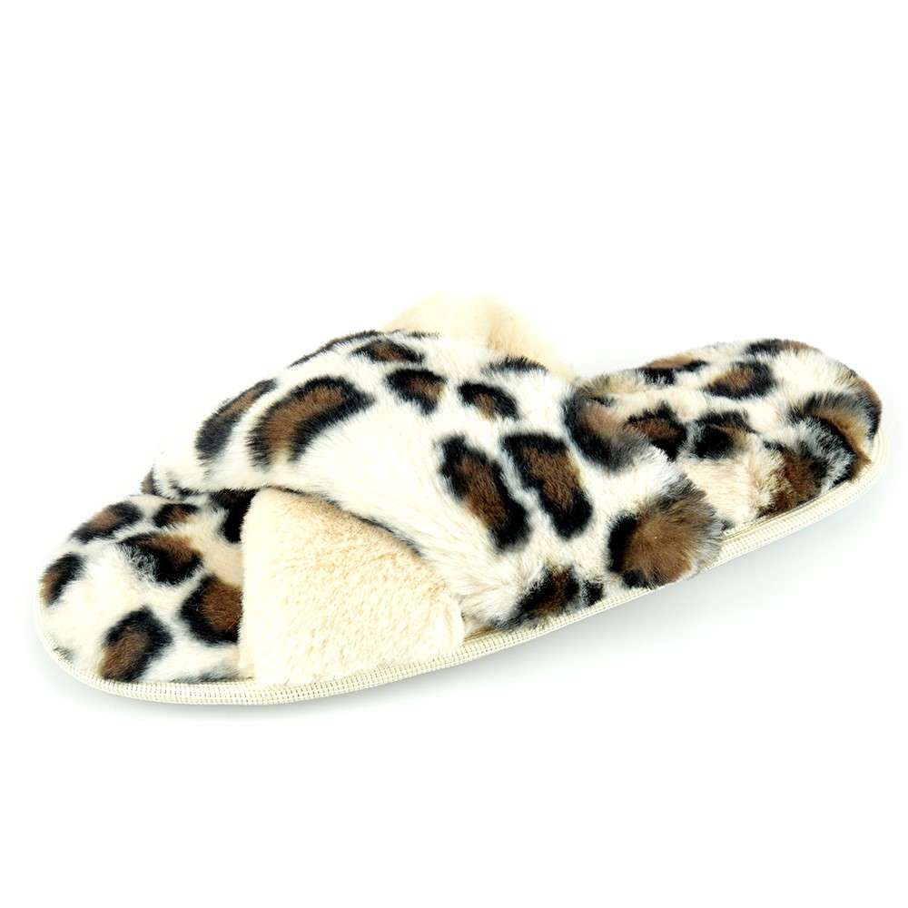 Ladies Leopard Print Faux Fur Crossover Slider Slipper