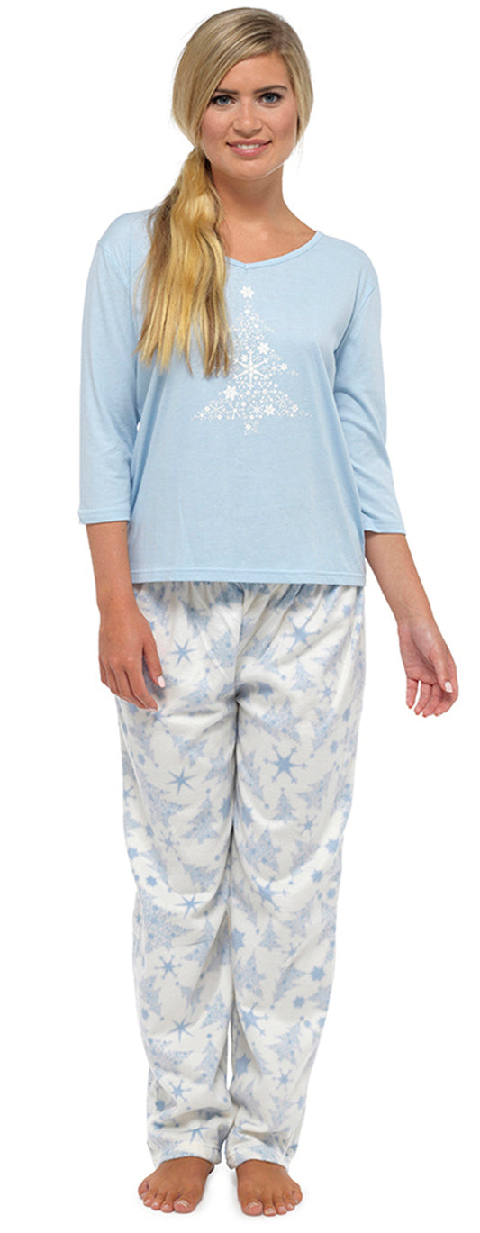 Ladies Christmas Tree Pyjama Set Winter Fleece Pants Cotton Jersey Top Sleepwear