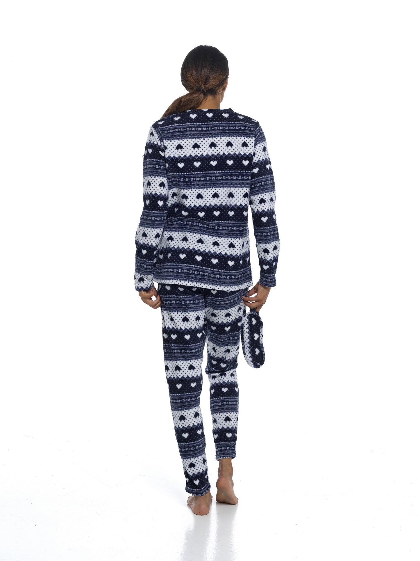 Ladies Fleece Pyjamas Blue and White Soft Micro Fleece Patterned 2 Piece Winter PJs - Hearts, Snowflakes, Stripes