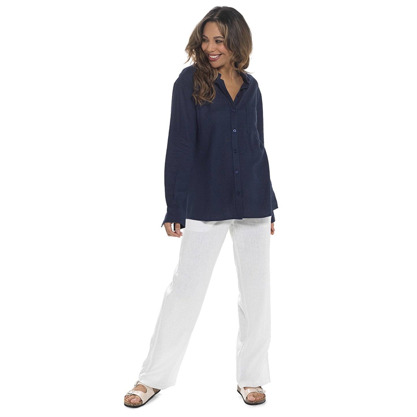 Ladies Long-Sleeved Relaxed Fit Button Up Linen Shirt