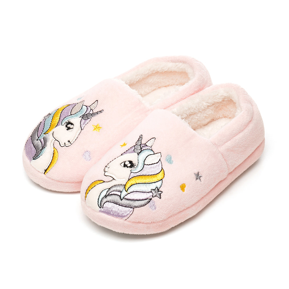 Girls Unicorn Slippers Plush Faux Fur Lined Cosy Non Slip Gift Kids Pink