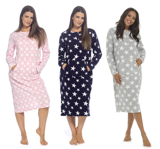 Ladies Fleece Nightie Longer Length Warm Nightdress Lounger with Kangaroo Pocket