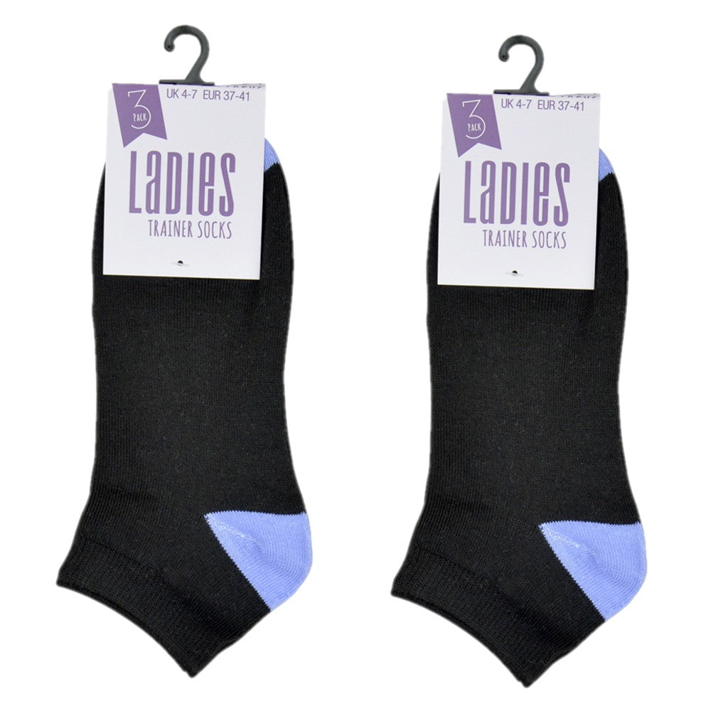 6 Pairs Ladies Trainer Liner Socks Black or White with Multicolour Toes & Heels
