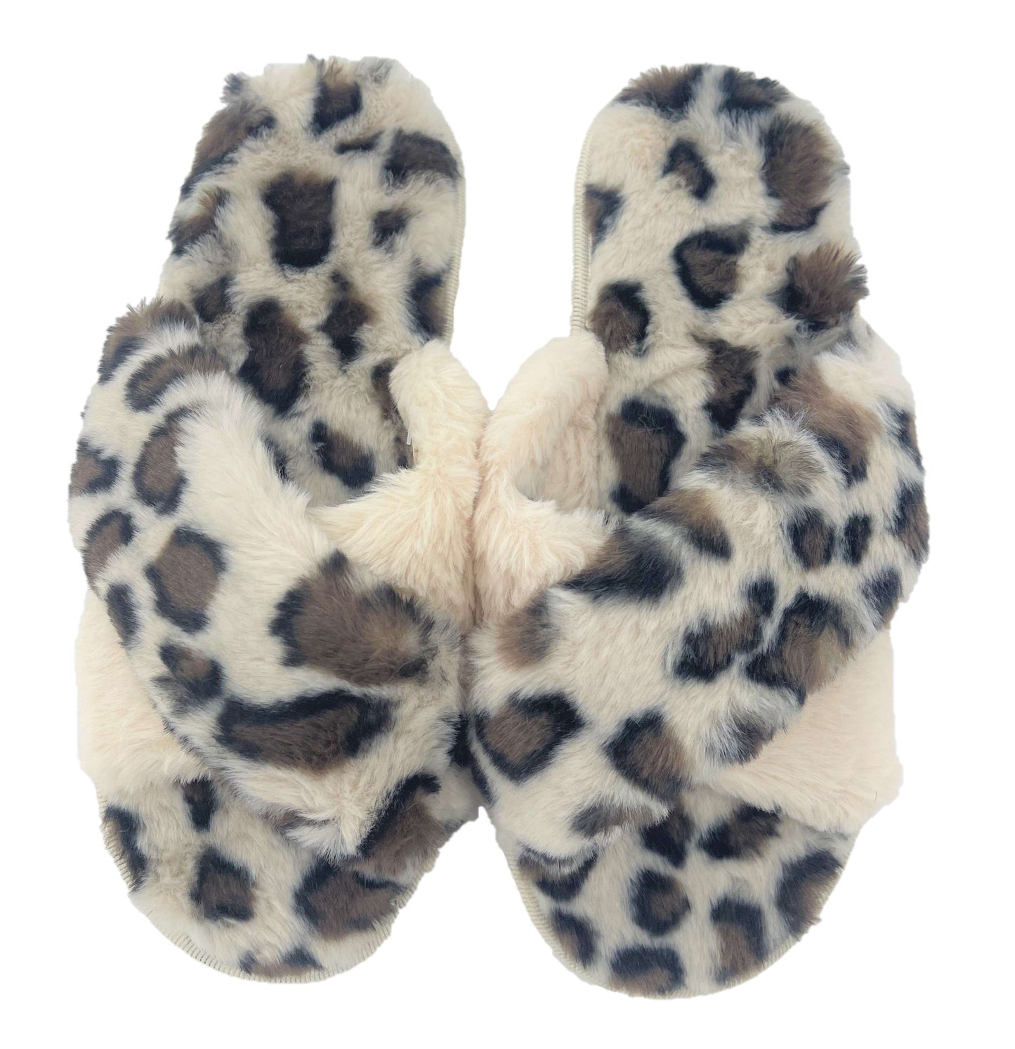 Ladies Leopard Print Faux Fur Crossover Slider Slipper