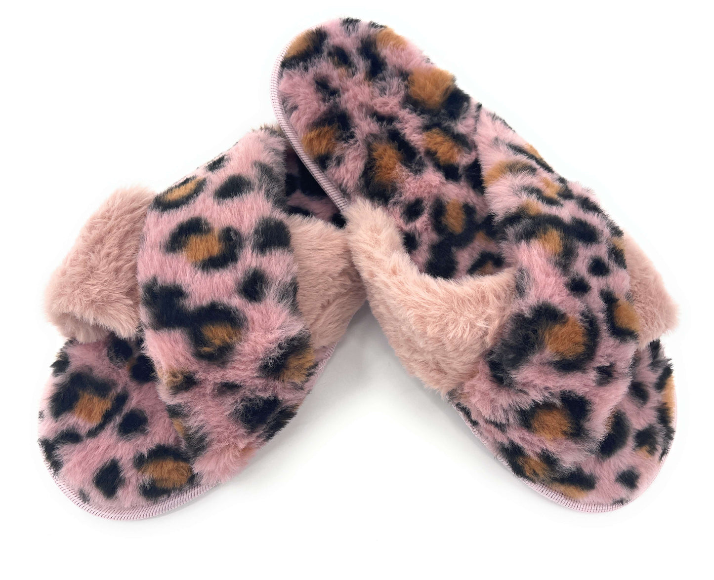 Ladies Leopard Print Faux Fur Crossover Slider Slipper