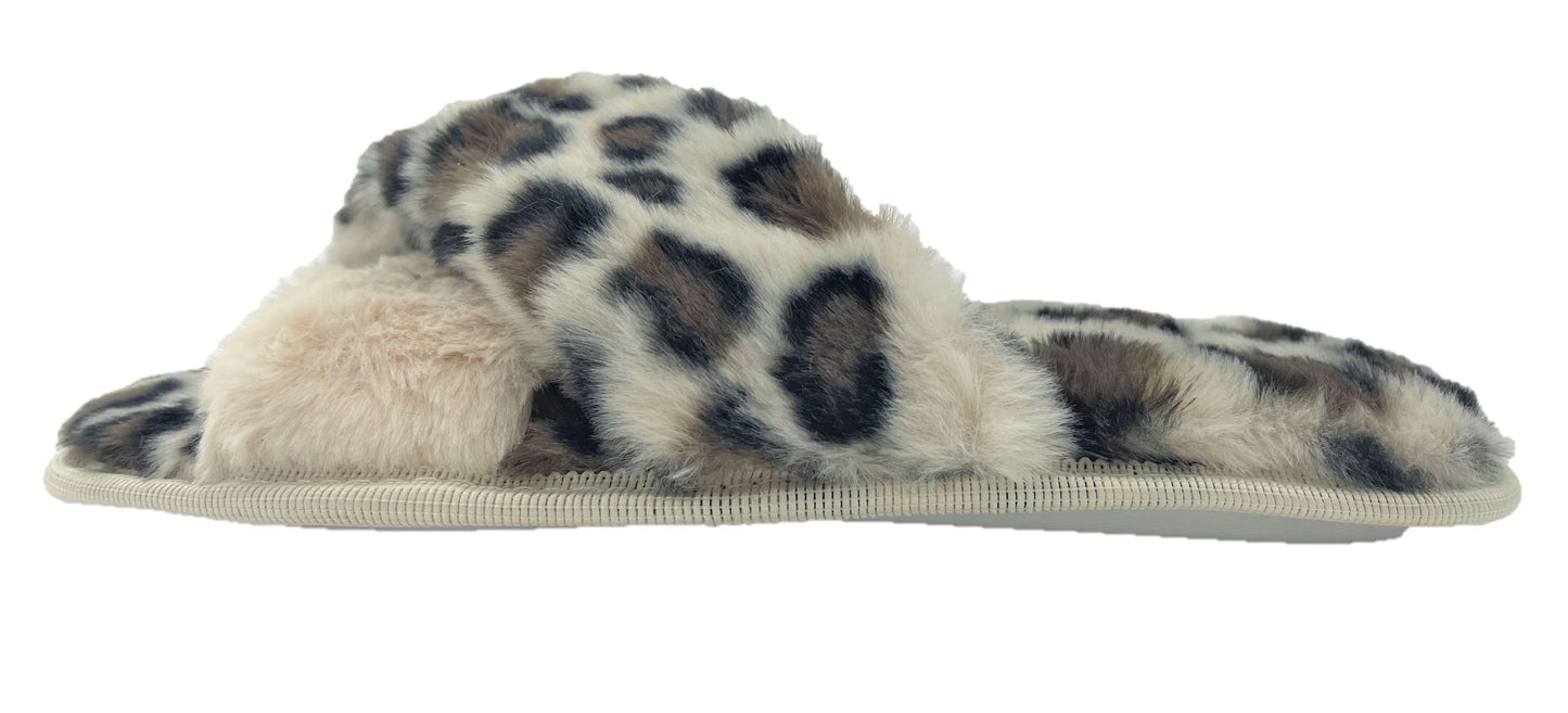 Ladies Leopard Print Faux Fur Crossover Slider Slipper