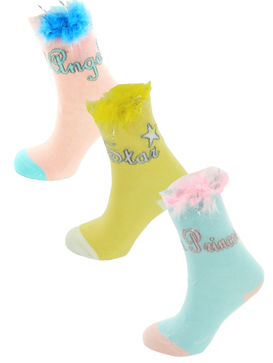 Girls 3 Pairs Pastel Coloured Fancy Feather Ankle Socks