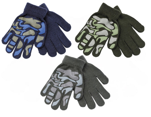 3 Pairs Boys Knitted Thermal Camo Patterned Gripper Stretch Gloves
