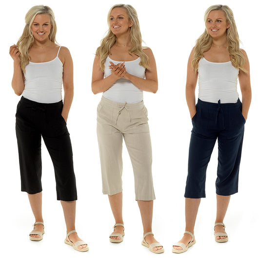 Ladies Linen Blend Cropped 3/4 Length Casual Summer Trousers